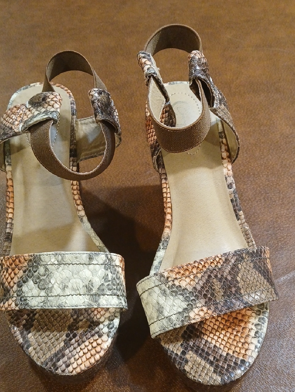 Comfort Colors Snake-Print Open Toe Sandals in Brown and Cream